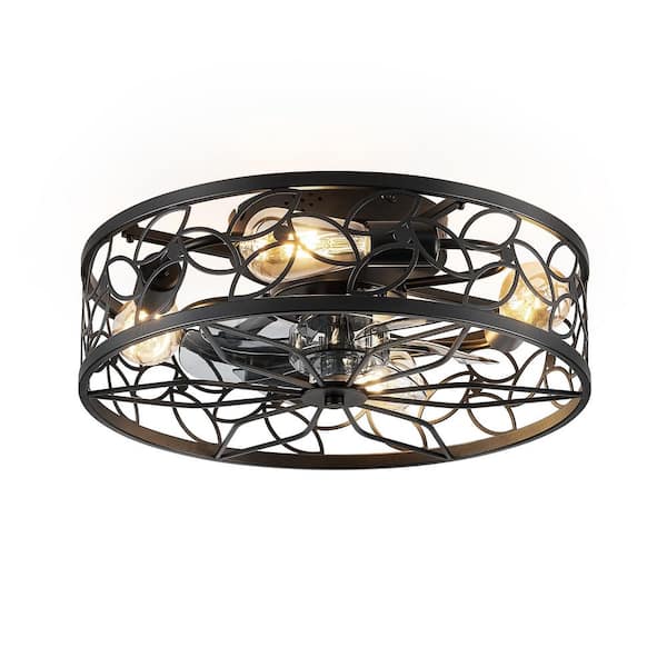 18 in. Small Indoor Black Flush Mount Caged Ceiling Fan with Lights and Remote Control for Kids Rooms