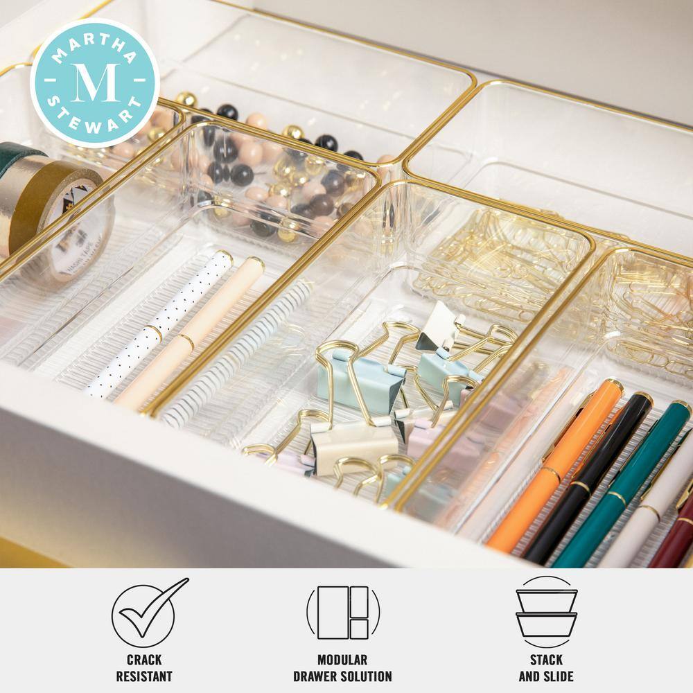 Clear Plastic Stackable Desk Drawer Organizers with Gold Trim, 6 Pack
