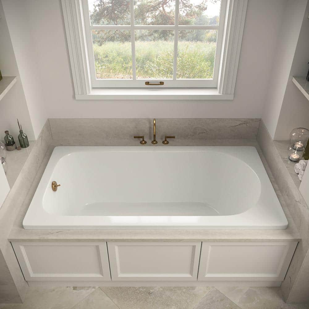 72" Glossy White Acrylic Drop-In Soaking Bathtub with Brushed Gold Trim