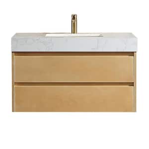 Wilton 36 in. W x 20.8in. D x 21.2 in. H Floating Bath Vanity in Maple Yellow with White Engineer Marble Countertop