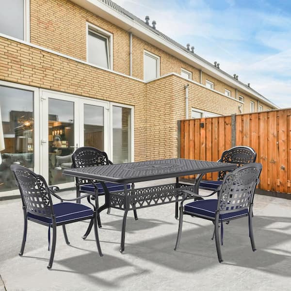 Isabella 5-Piece Cast Aluminum Outdoor Dining Set with 68.9 in. x 37.4 in. Rectangular Table and Random Color Cushions