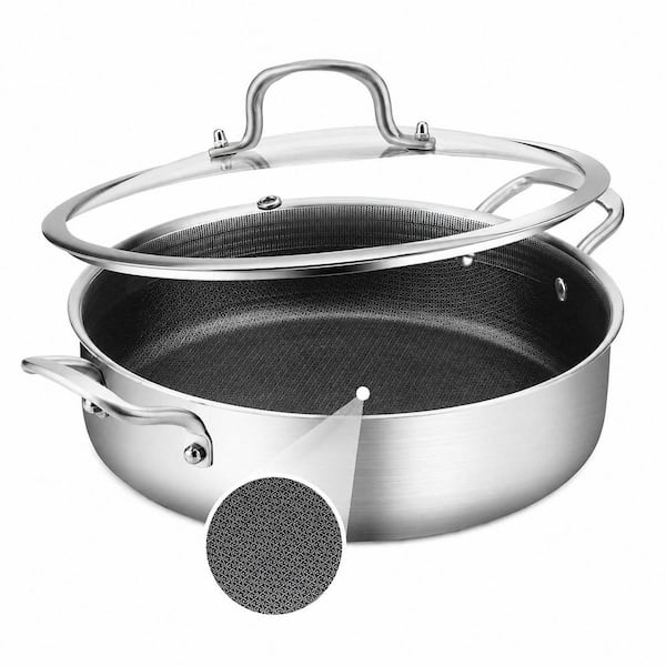 12 Inch Tri-Ply Stainless Steel Saute Pan with Lid, 6 Quart Nonstick Skillet, Induction Compatible, Oven Safe