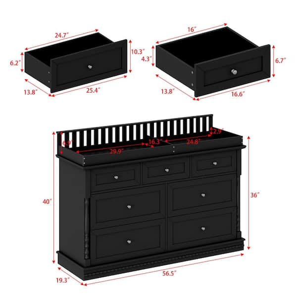 changing table dresser black FUFU&GAGA Black Baby Changing Table with 7 Drawers, Recessed Changing Top, Nursery Storage Dresser with Removable Guardrail