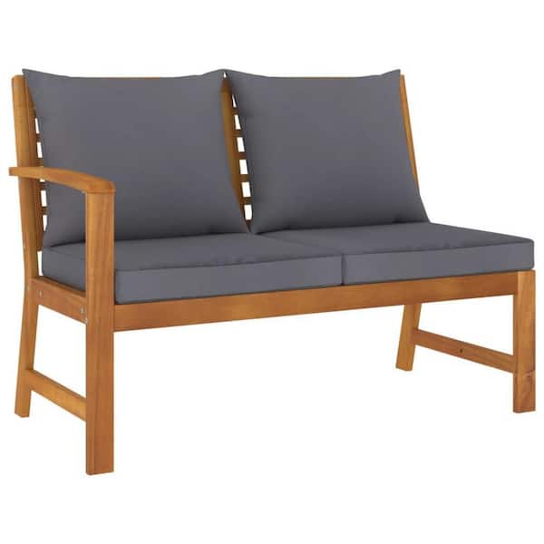 23.8 in. 2-Person Brown Solid Acacia Wood Slatted Outdoor Bench with Gray Cushions