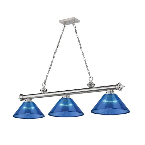 Unbranded Cordon 3-Light Brushed Nickel Plus Dark Blue Acrylic Shade Billiard Light with No Bulbs Included