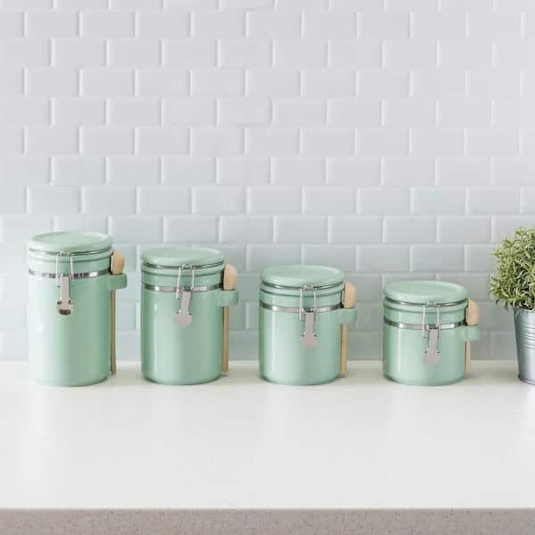 Home Intuition 4-Piece Ceramic Kitchen Canisters Set, Airtight Containers  with Wooden Spoons Reusable Chalk Labels and Marker for Sugar, Coffee,  Flour, Tea (Mint) 
