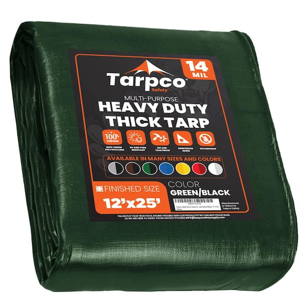 TARPCO SAFETY 12 ft. x 25 ft. Green/Black 14 Mil Heavy Duty Polyethylene Tarp, Waterproof, UV Resistant, Rip and Tear Proof