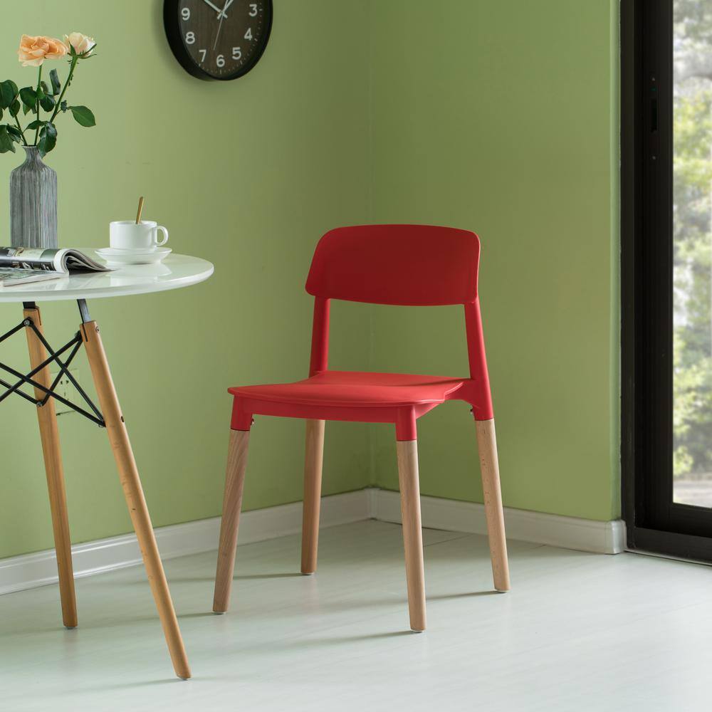 Modern Red Plastic Side Chair with Beech Wood Legs