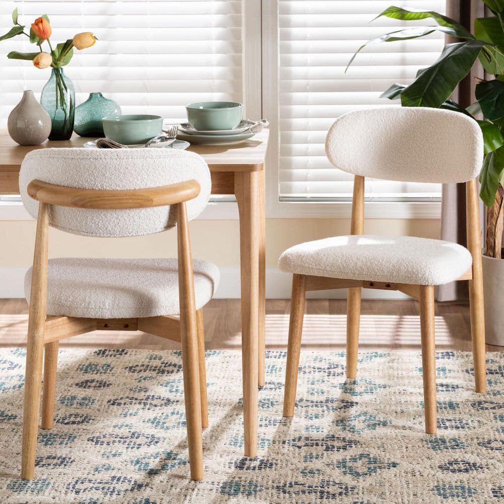 Baxton Studio Wattsu White Boucle and Natural Brown Wood Dining