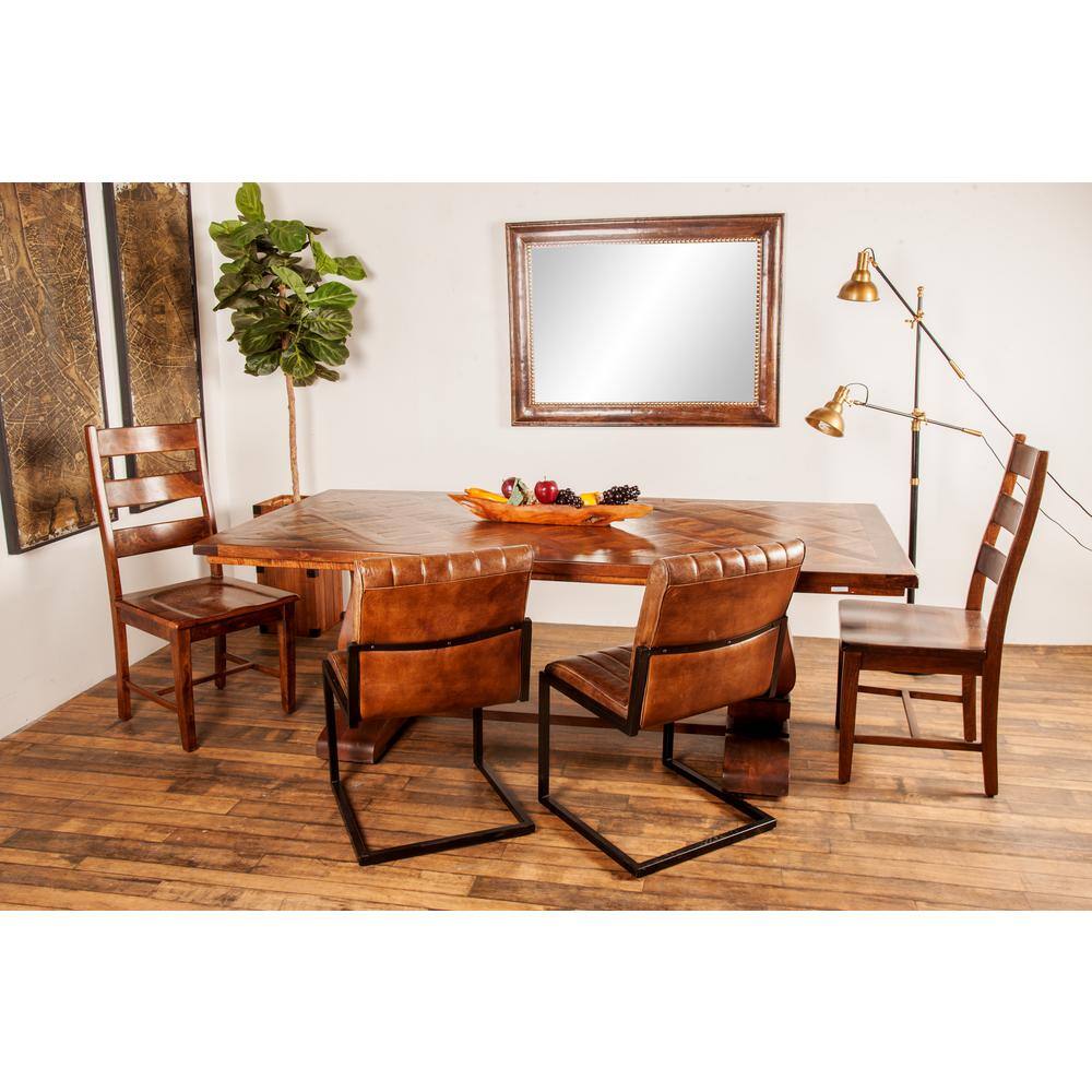 Parquet Inlay Reclaimed Pine Wood 84" Dining Table with Marble Accents