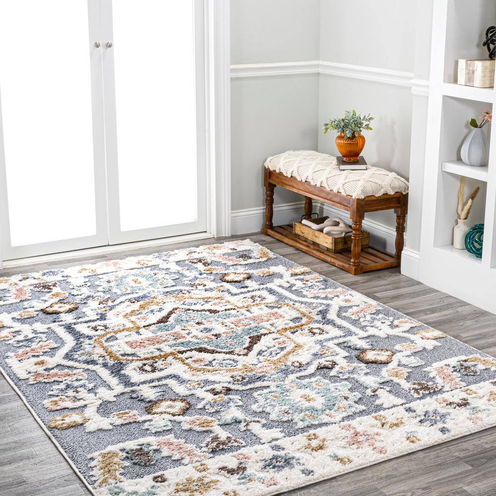 Aziza Gray and Multicolor Synthetic Medallion Area Rug