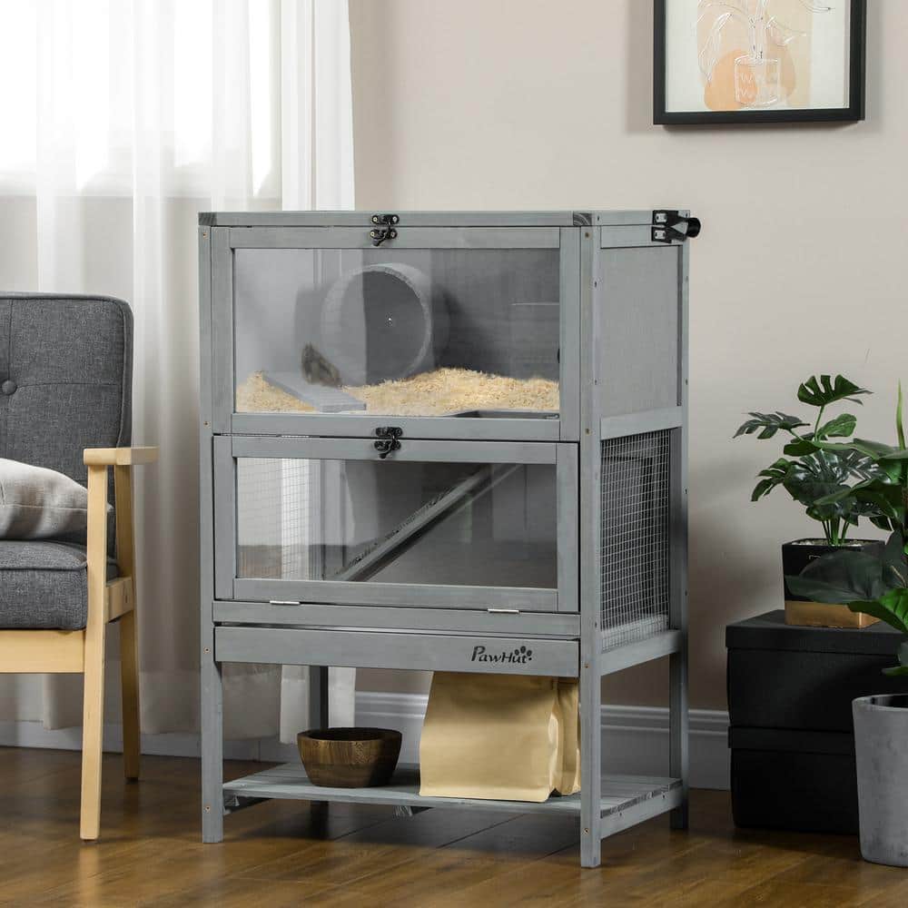 Grey Wooden Hamster Cage with Storage Shelf and Ramp