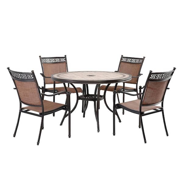 Mondawe 5-Piece Cast Aluminum Round Dining Sling Set with 47.8 in. Tile-Top Table and Dark Brown Classic Pattern Sling Chairs