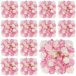 15 in. x 15 in. Pink White Artificial 3D Flower Wall Panel Rose Dahlia Hedges Panel Backdrop for Party Decor 12-Pieces