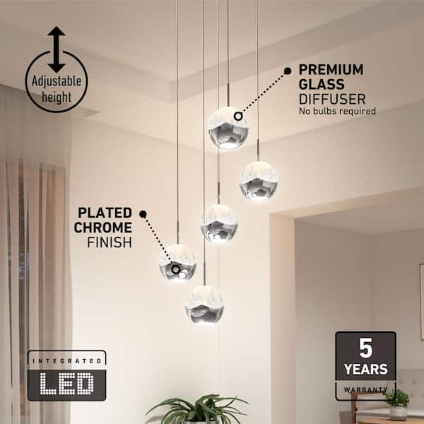 Oracle store 22-Watt Integrated LED 5-Light Chrome Modern Hanging Pendant Light Chande