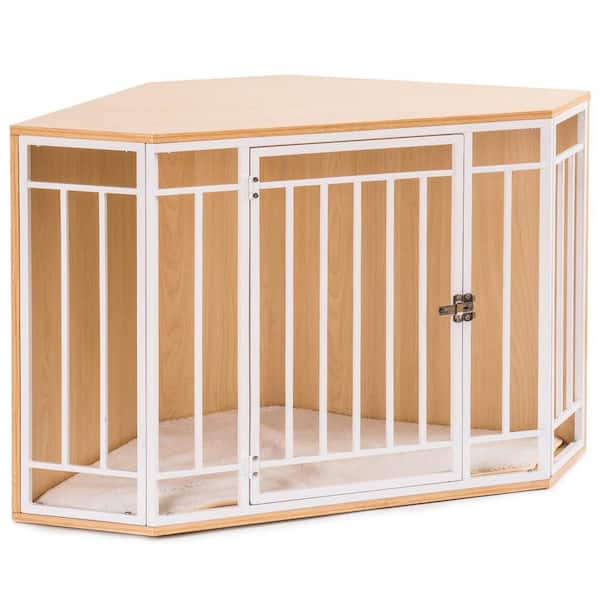 cenadinz 43.7 in. x 26.38 in. Corner Dog Crate with Cushion Dog Kennel with Wood and Mesh Doghouse Pet Crate Indoor Use