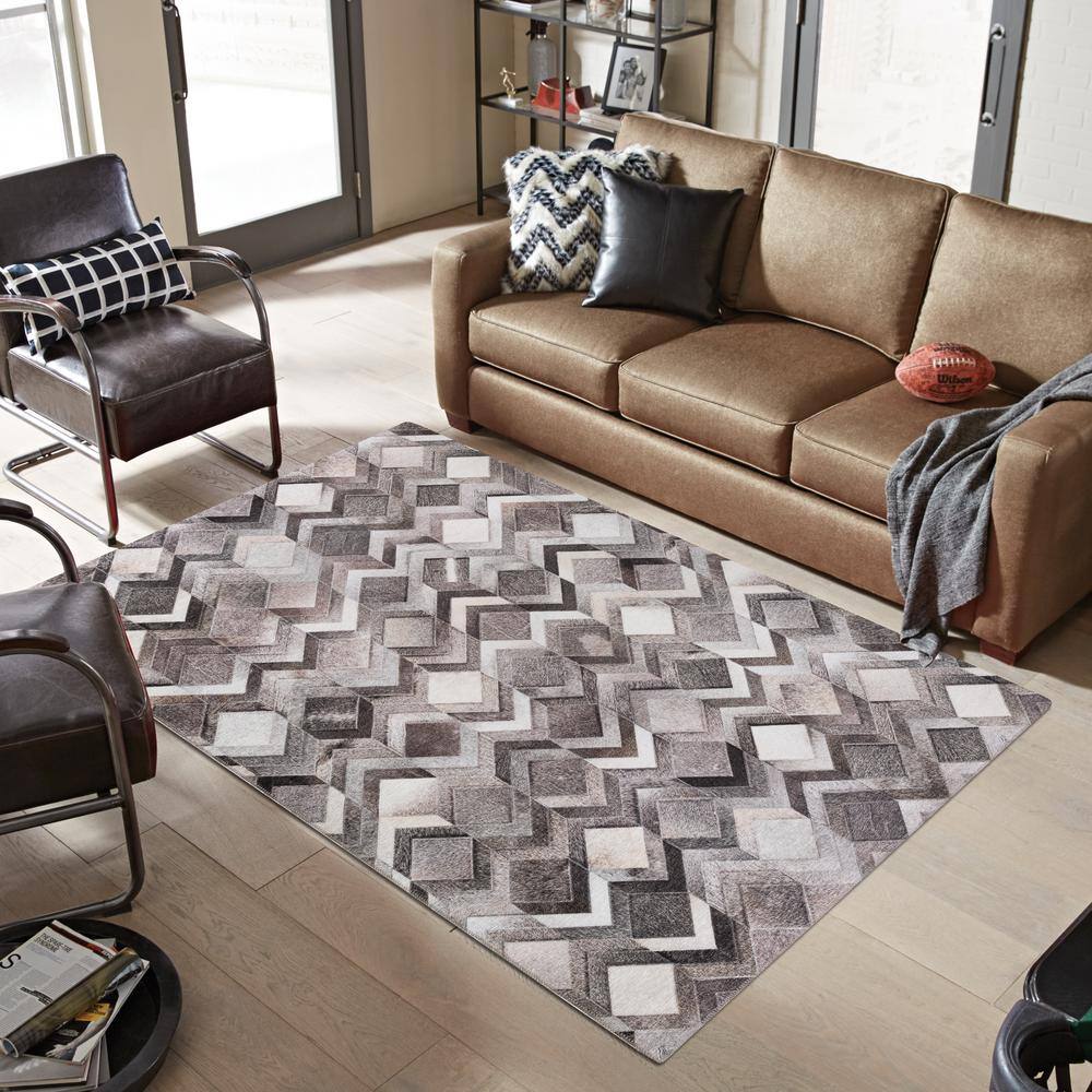 Gray 5' x 7' Washable Faux Hide Chenille Area Rug