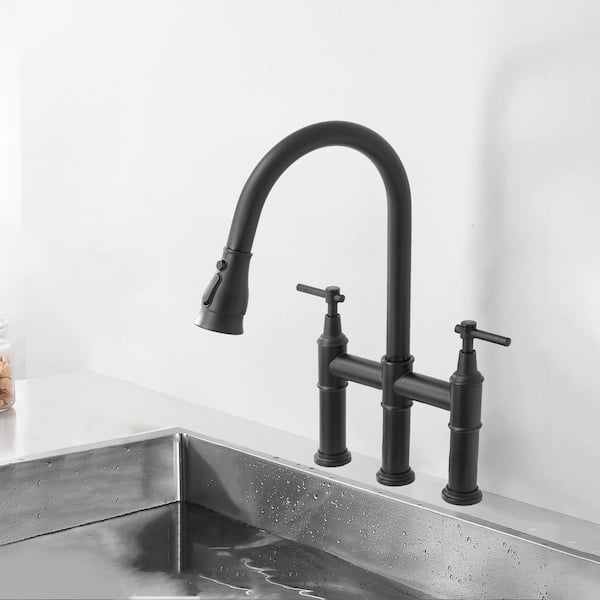 Double Handle Bridge Pull Down Sprayer Kitchen Faucet in Matte Black