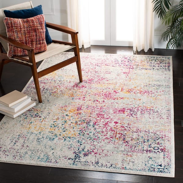 Evoke 3 ft. x 3 ft. Square Ivory/Fuchsia Distressed Border Medallion Area Rug