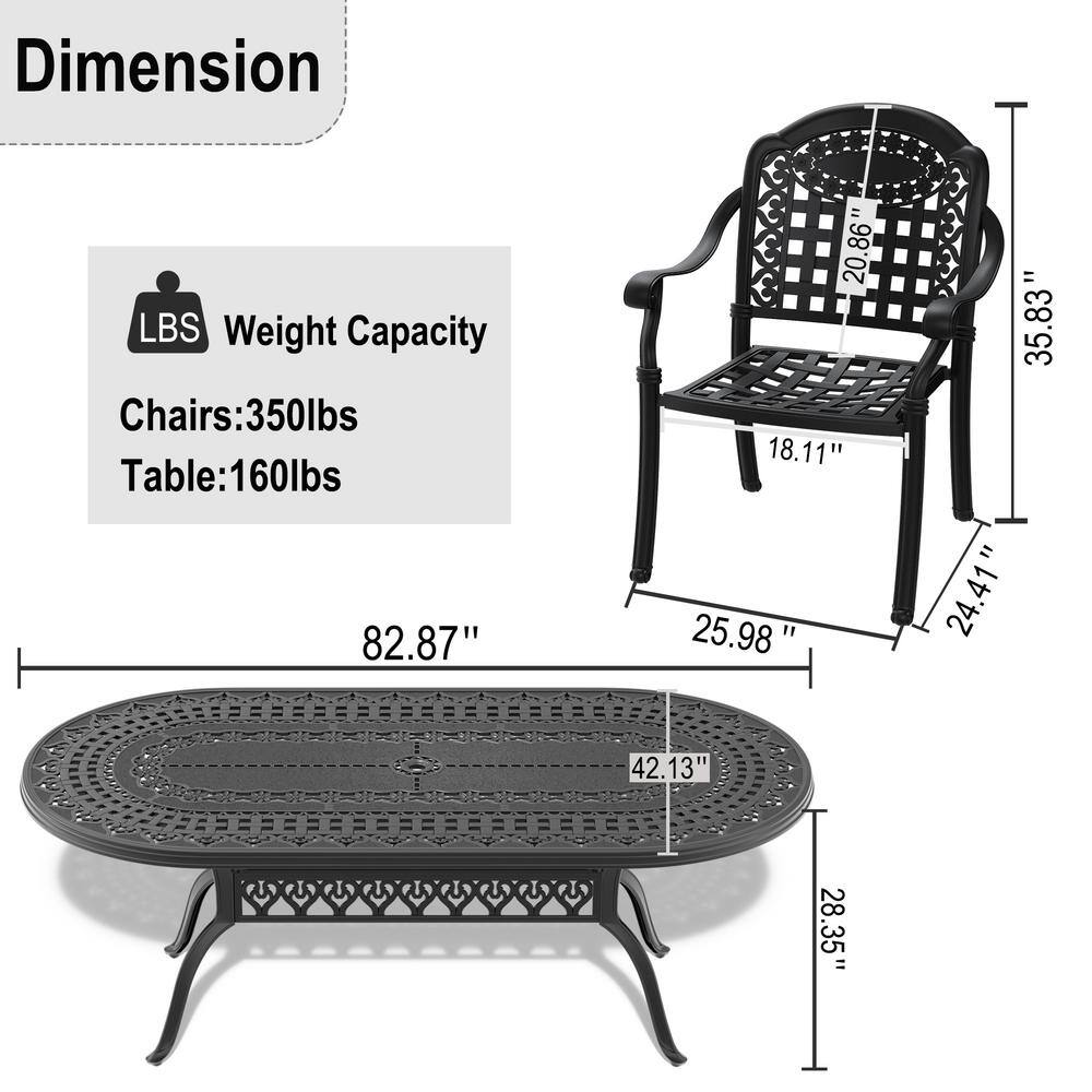 Matte Black 9-Piece Cast Aluminum Outdoor Dining Set with Blue Cushions