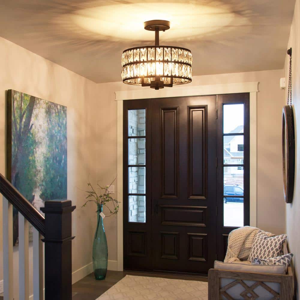 Black Metal and Crystal Drum Semi-Flush Mount Ceiling Light