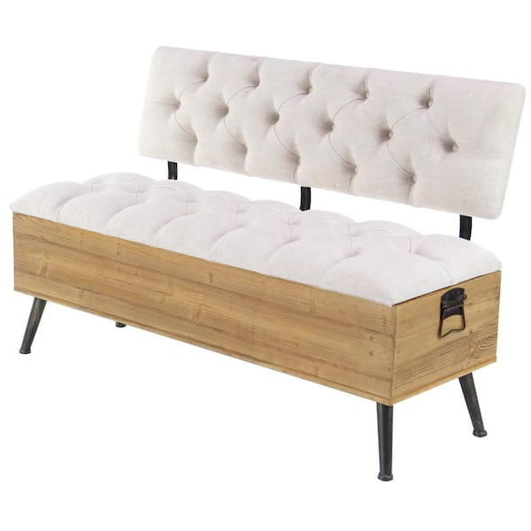 Litton Lane White Storage Bench with Cream Tufted Seat and Back 30