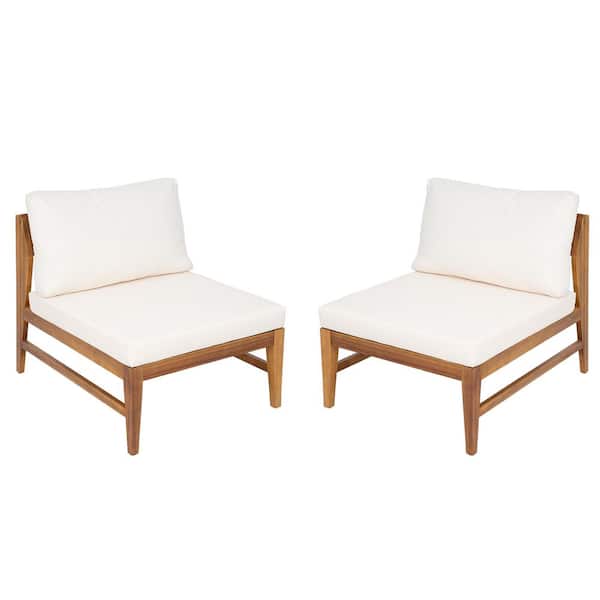 Cali Teak Finish Acacia Wood Patio Outdoor Lounge Chair with Cream Cushions, Slatted Back, Deep Seating, Set of 2