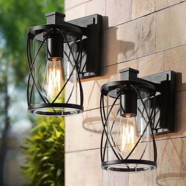 Farmhouse Outdoor Porch Wall Light 1-Light Craftsman Black Patio Wall Lantern Sconce with Clear Glass Shade (2-Packs)