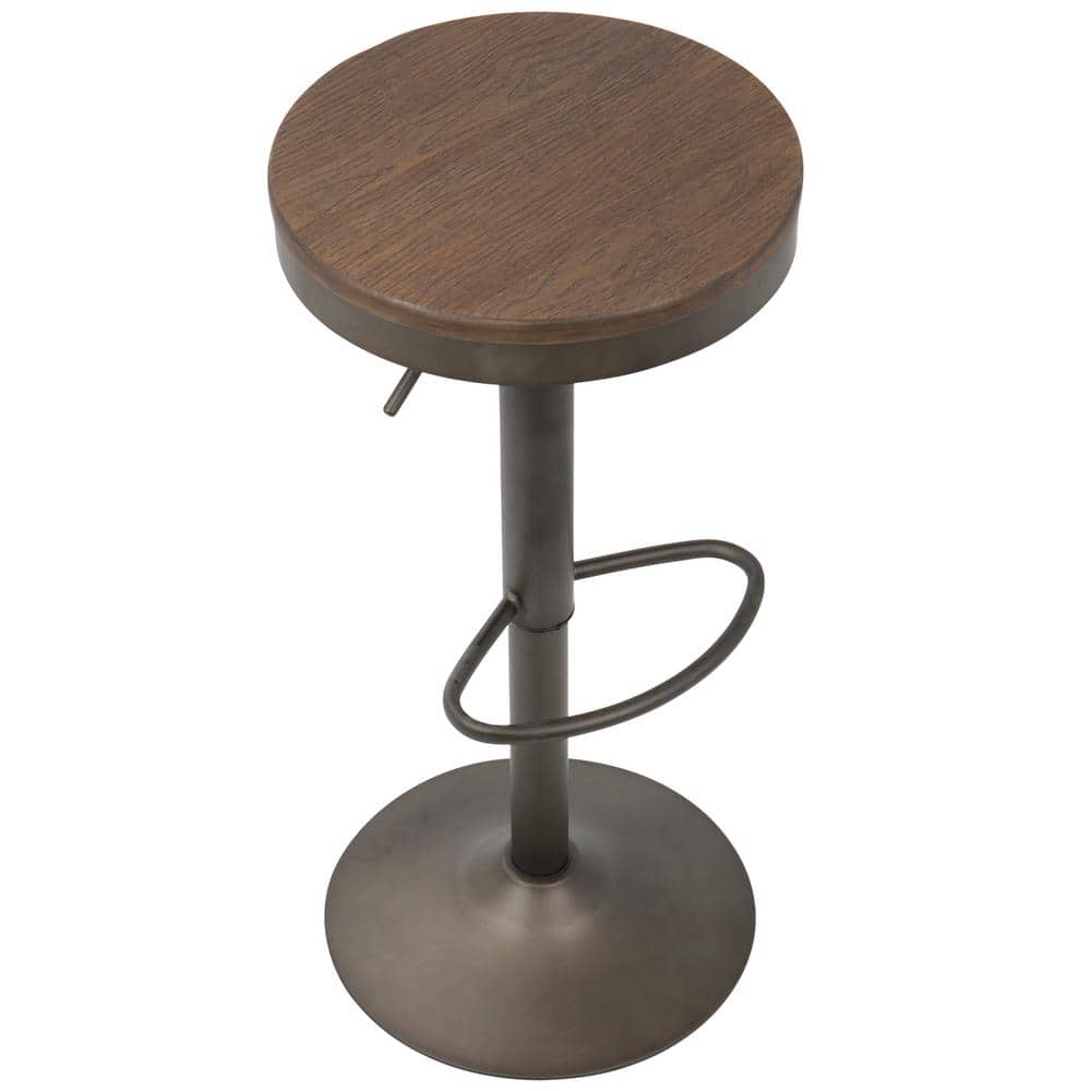 Antique Brown Adjustable Swivel Barstools with Wood Seats, Set of 2