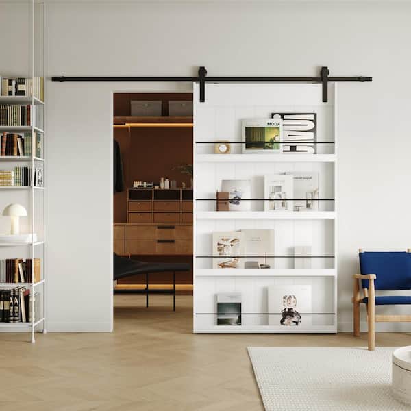 48 in. x 84 in. 4-Levels Shelfs Style, Primed MDF White Finished, Sliding Barn Door Slab with Hardware Kit