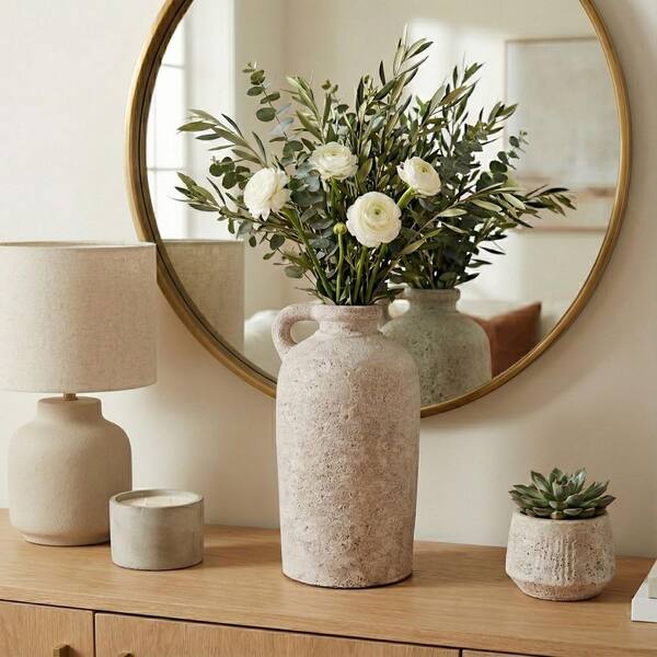 Liv & Skye 16 in. Beige Ceramic Round Bottle Shaped Decorative Vase with Handle 19011