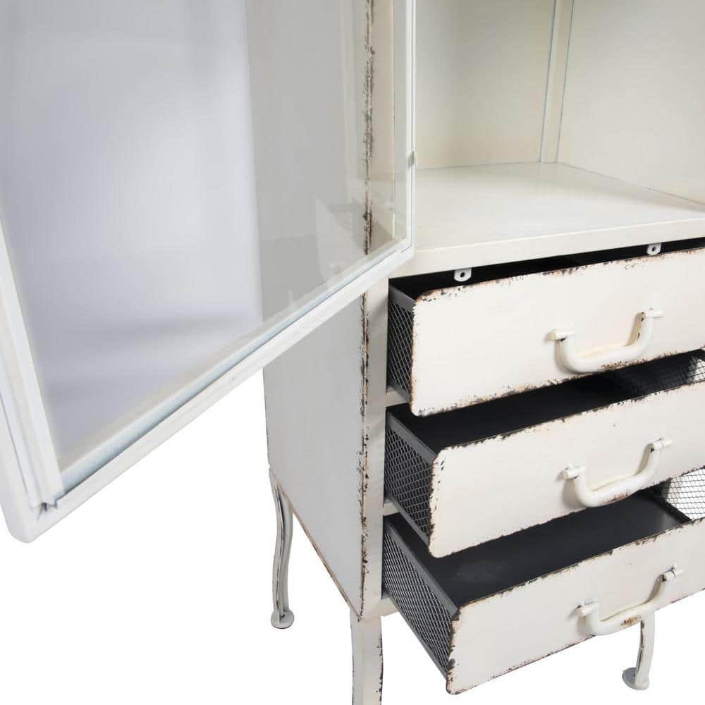 Distressed White Metal Cabinet with 3 Drawers and Open Shelf