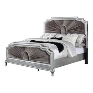 Lorenna Silver and Warm Gray Wood Frame Queen Panel Bed with Upholstered Headboard