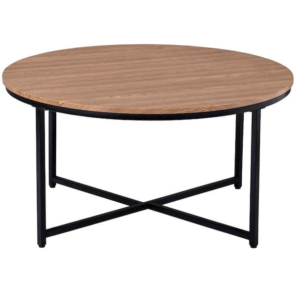 Qualfurn 35 4 In Brown Round Metal And, Round Wood Coffee Table With Black Metal Legs