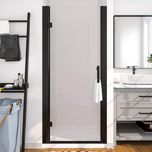 32 in. to 34 in. W x 72 in. H Pivot Hinged Swing Frameless Shower Door in Black with Clear Glass