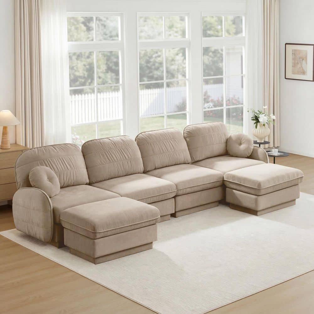 Udele 137 in. Flared Arm Chenille U-Shaped Sectional Sofa in Brown with Round Pillows, 2 Ottomans, Light Coffee