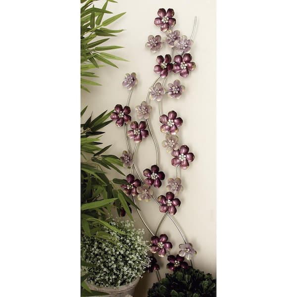 Litton Lane 50 in. x  13 in. Metal Purple Floral Wall Decor