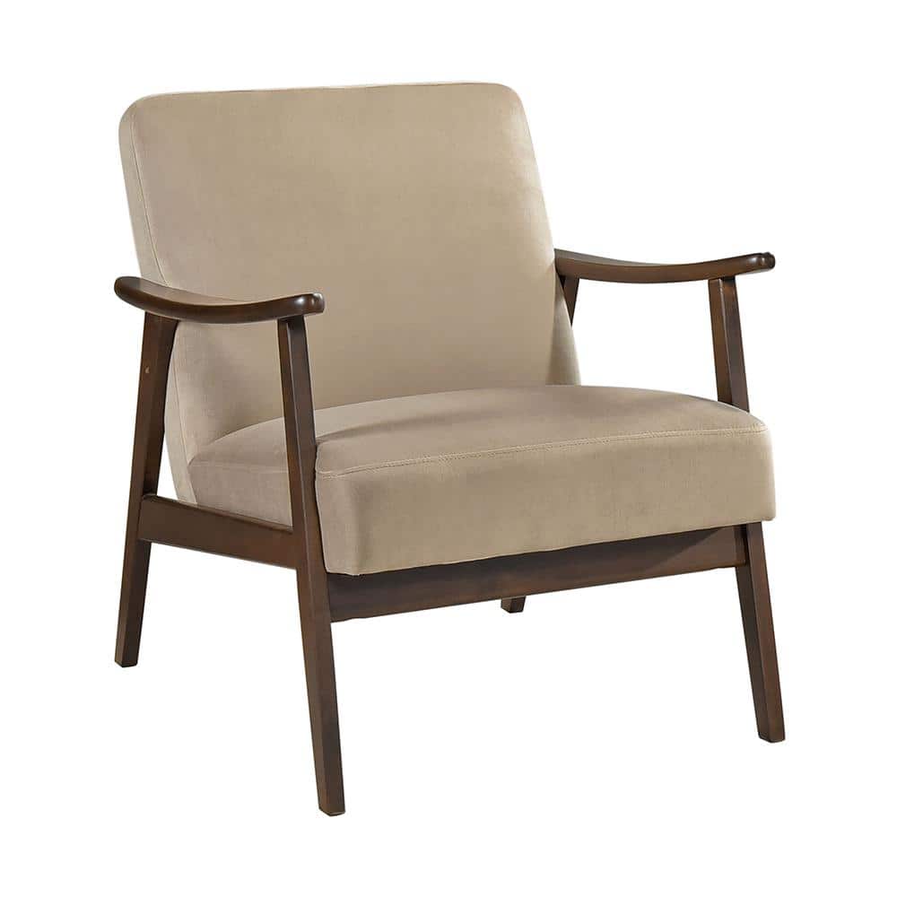 Light Brown Velvet and Wood Mid-Century Modern Accent Chair