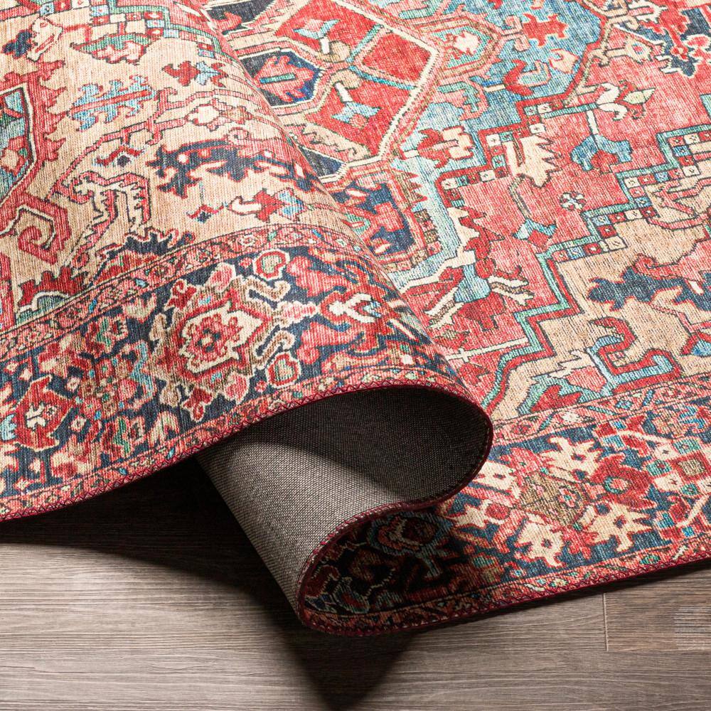 Bright Red and Blue Synthetic Vintage Rectangular Area Rug