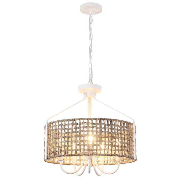 5-Light White Hanging Ceiling Candlestick Linear Chandelier Lighting with Rattan Shaded for Kitchen Island