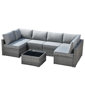 Sanibel Gray 7-Piece Wicker Outdoor Patio Conversation Sofa Sectional Set with Dark Gray Cushions