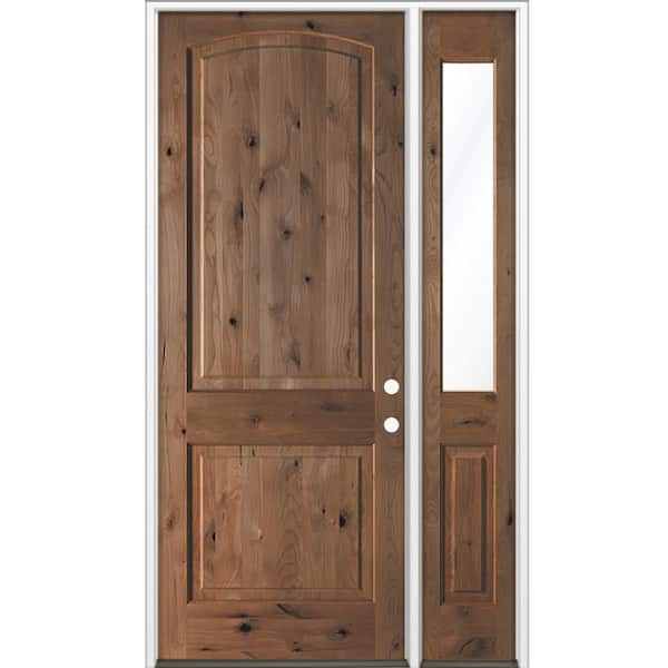 Krosswood Doors 56 in. x 96in. Knotty Alder 2Panel Arch-Top Left-Hand/Inswing Clear Glass True Black Stain Wood Prehung Front Door RHSL