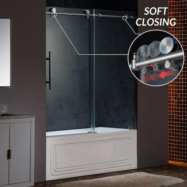 WOODBRIDGE 60 in. W x 62 in. H Sliding Frameless Tub Door in Polished Chrome with Soft Close System and 3/8 in. Clear Glass
