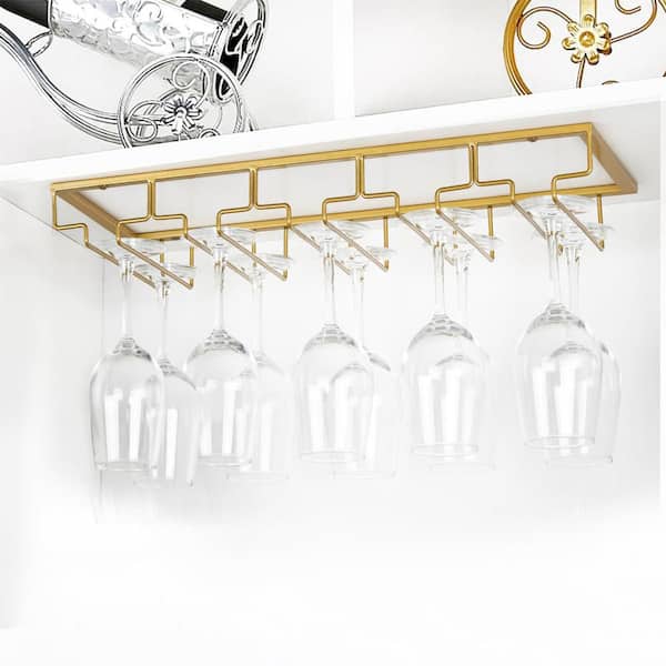 1-Pack 5-Rows Gold Metal Wine Glass Rack, Under Cabinet Stemware Wine Glass Holder Glasses Storage Hanger Organizer