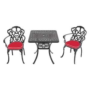 Lily Black 3-Piece Cast Aluminum Outdoor Dining Set with Square Table and Dining Chairs with Random Color Cushion