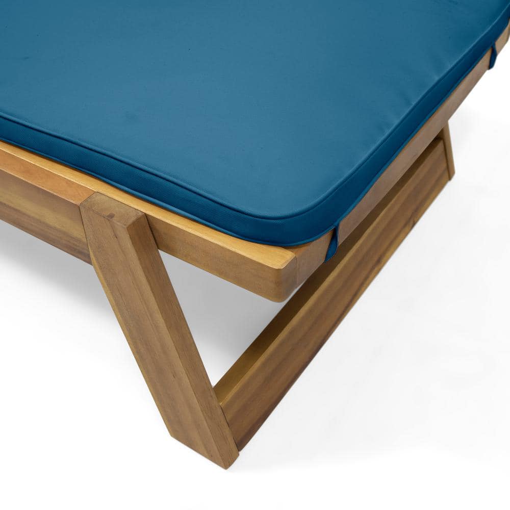 Teak Brown Wood Chaise Lounge with Blue Cushions