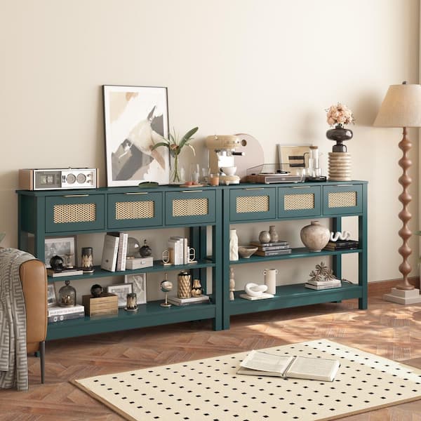 Set of 2 43.3 in. Green Rectangle Wood Console Table with 3 Top Drawers and 2 Open Shelves