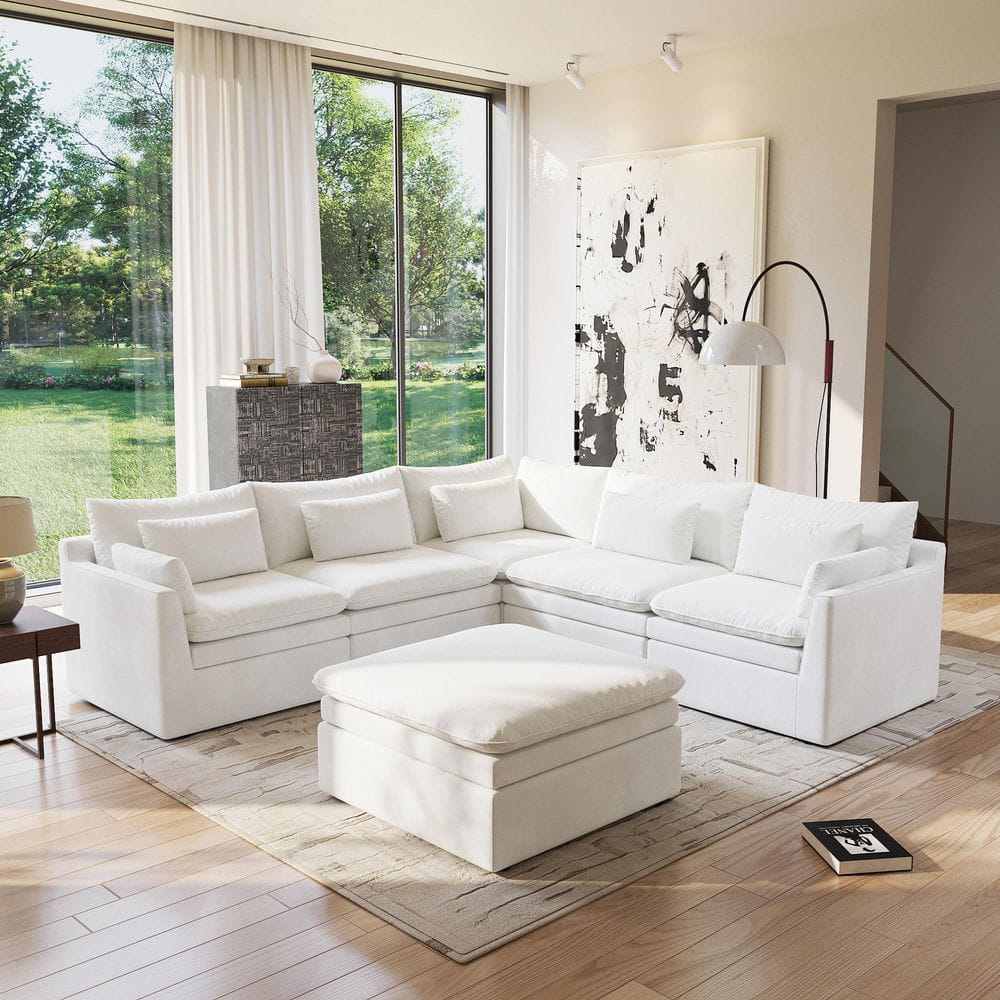 Large 117 in. Track Arm 6-piece Velvet Modular Sectional Sofa in White with Washable Cover, Ottoman for Great Room price history on PriceWatchPro