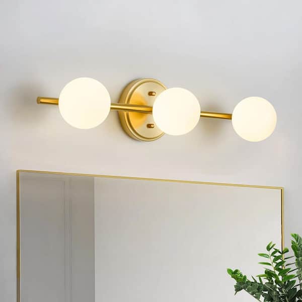 Y'INSP 22.83 in. 3 Light Brass Vanity Light with Milk Glass Shade Modern Wall Bar Sconce Over Mirror Globe Wall Sconce Lighting