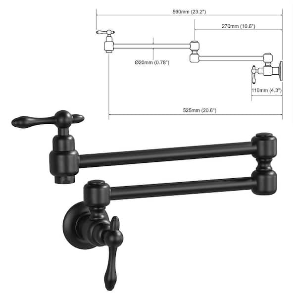 UKISHIRO Kafir 2-Handle Wall Mounted Pot Filler with Adjustable Function in Matte Black